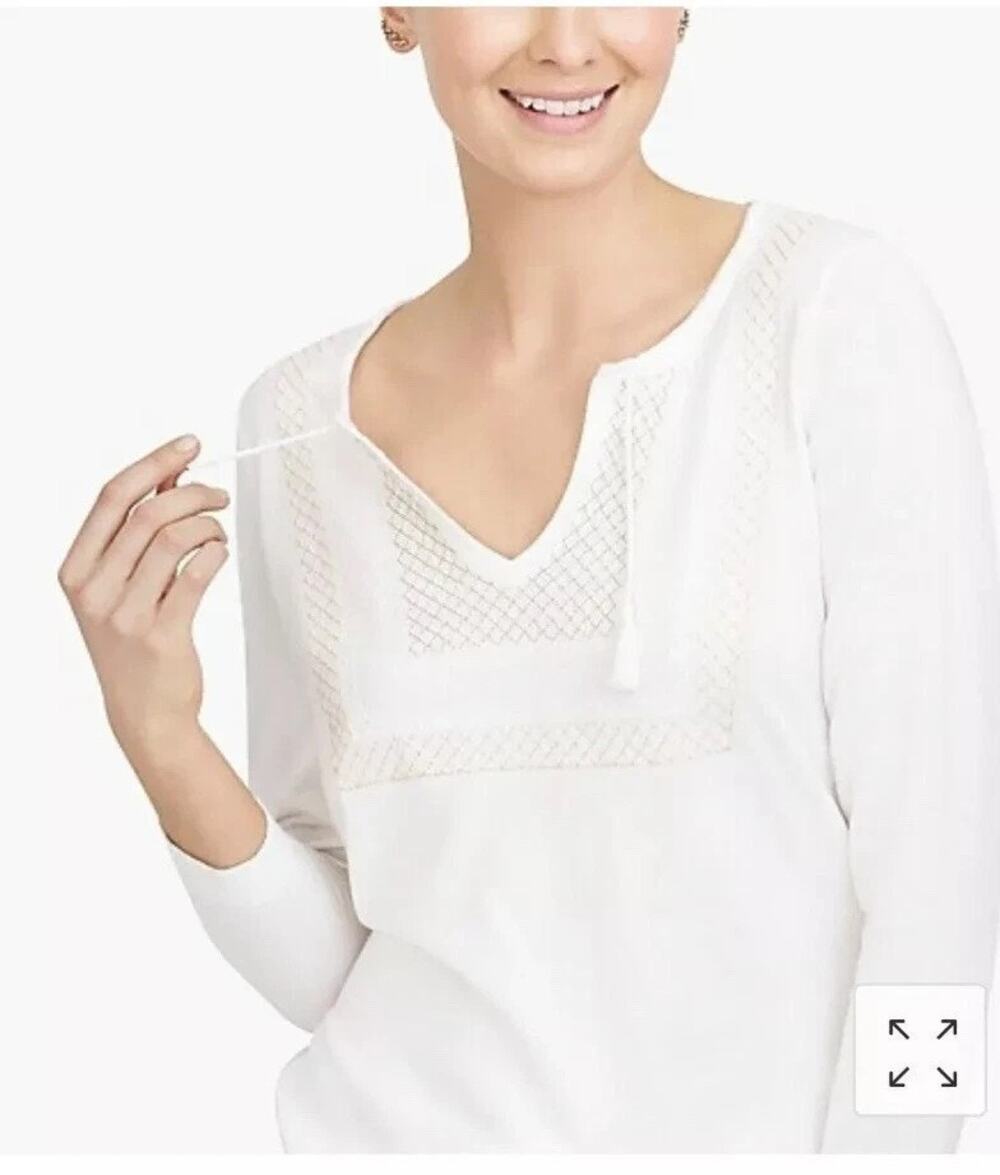 J. CREW Factory Ivory Embroidered Eyelet Boho 3/4 Sleeve Sweater Womens Medium